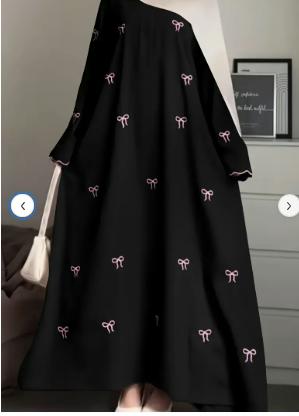 legant Black Abaya with Pink Bow Embroidery